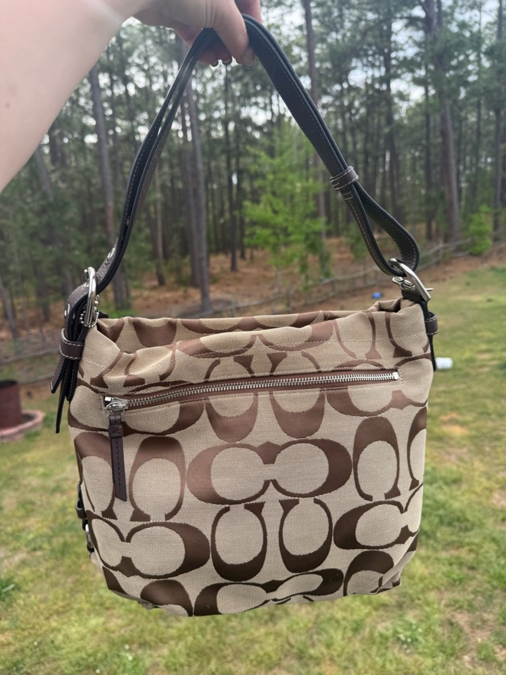 Coach Signature Canvas Shoulder Bag in Khaki and Brown - Picture 3 of 7